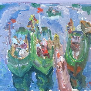 Barcos. Pintura al óleo original del artista ucraniano Repka S. 20-23 cm cartón óleo década de 1980