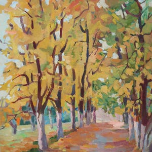 Otoño. Pintura original de la artista ucraniana Kryzhanovskaya M. 69-49 cm, lienzo sobre cartón, óleo, 1971
