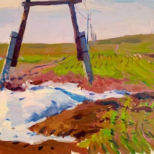 Comienzo de la primavera en los campos. Pintura original del artista ucraniano Pirogov V. 32-46 cm, óleo sobre cartón.