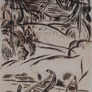 Paesaggio. Artista ucraino Prizant L. 18-12 cm, incisione su carta, anno 1965