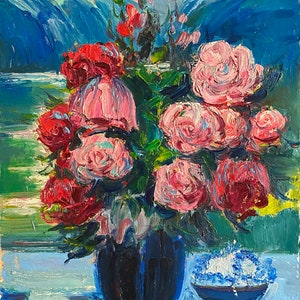 Naturaleza muerta. Pintura al óleo original del artista ucraniano Shariy A. 44-35 cm cartón óleo año 1987