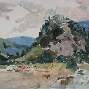 Paisaje. Pintura original del artista ucraniano Yatsenko V. 14-23 cm, óleo sobre cartón, 1963