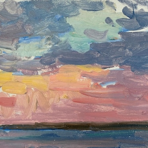 Paisaje. Pintura original del artista ucraniano Pirogov V. 17-23 cm, óleo sobre cartón, década de 1970.