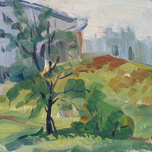 Paisaje. Pintura original de la artista ucraniana Zakharova, 23-30 cm de largo, óleo sobre cartón, década de 1970.