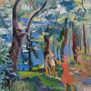Paisaje. Pintura original del artista ucraniano Ganzha P. 46-33 cm, óleo sobre cartón, década de 1980.