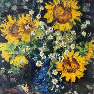 Sunflowers. Original painting by Ukrainian artist Repka S. 50-45 cm, oil on canvas, 1995