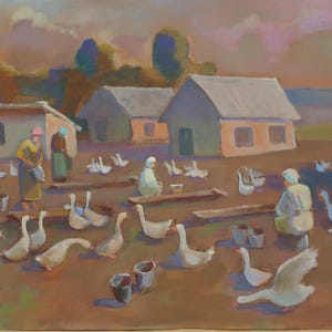 En la granja. Pintura original del artista ucraniano Tomenko G. 44-66 cm, óleo sobre cartón, año 1964