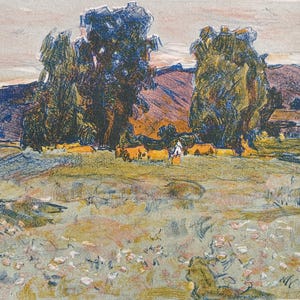 Paesaggio. Dipinto dell'artista ucraino Chernov L. 29-39 cm, linoleografia su carta