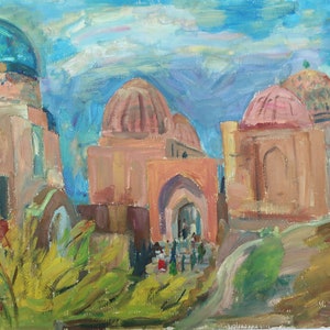 Mausoleo de Shahizinda. Pintura al óleo antigua original del socialismo Arte soviético Artista ucraniano Gribok D.K. 51-70 cm Óleo sobre cartón Años 80