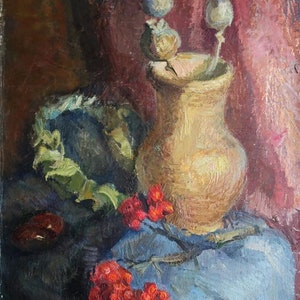 Naturaleza muerta. Pintura al óleo original del realismo socialista del arte soviético. Artista ucraniano Yanin A.A. 50-35 cm Óleo sobre cartón Años 70
