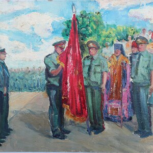 Juramento. Pintura al óleo antigua original del realismo socialista Arte soviético Artista ucraniano Gribok D.K. 34-49 cm Óleo sobre cartón Años 80