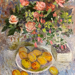 Rosas y melocotones. Pintura al óleo original del artista ucraniano Kozhekov A. 50-40 cm cartón óleo año 1986