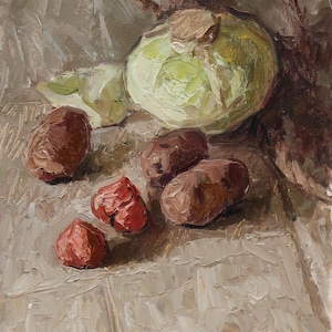 Naturaleza muerta con col. Pintura original del artista ucraniano V. Kikinev. 49-34 cm, óleo sobre cartón, año 1979.