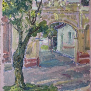 Architectural landscape. Oil painting original socialist realism Ukrainian artist Berkuta K. 47-50 cm cardboard oil 1970s