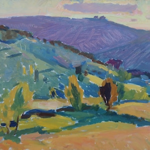 Paisaje. Pintura original del artista ucraniano Slipchenko N. 35-49 cm, óleo sobre cartón, año 1958