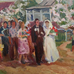 Mariage. Peinture originale de l'artiste ukrainienne Livshits S. 30-45 cm, huile sur carton, année 1977