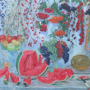 Naturaleza muerta de verano. Pintura al óleo original del realismo socialista del artista ucraniano Gribok D.K. 86-104 cm óleo sobre cartón década de 1990
