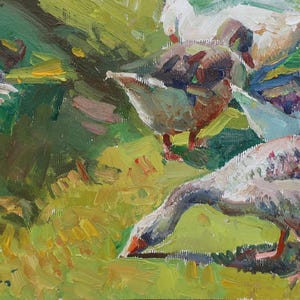 Canards. Peinture originale de l'artiste ukrainien Yalansky A. 15-30 cm, huile sur toile sur carton, années 2000