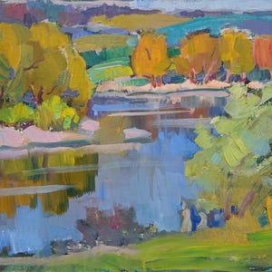 Paisaje. Pintura original de la artista ucraniana Chernova N. 33-45 cm, óleo sobre cartón, década de 1990.