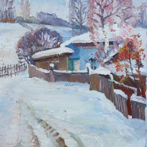 Paisaje invernal. Pintura al óleo antigua original del realismo socialista Arte soviético Artista ucraniano Zykunov P. 49-44 cm Óleo sobre cartón Años 70