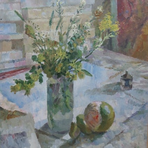 Naturaleza muerta con naranjas. Pintura al óleo original del artista ucraniano Kozhekov A. 57-48 cm cartón óleo 1973