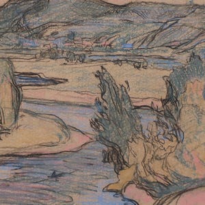 Paesaggio. Dipinto originale dell'artista ucraino Chernov L. 35-20 cm, carta carboncino, pastello a matita, anni '60