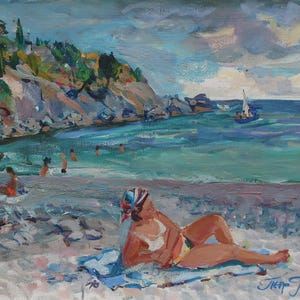On the beach.Original painting by Ukrainian artist Ganja P. 33-49 cm, oil on canvas, 2005 year