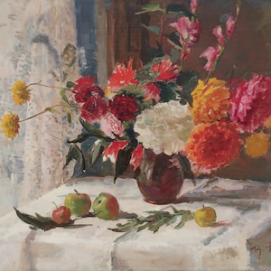 Dahlias. Oil painting original by artist Rebane E. 75-100 cm oil on canvas 1957year