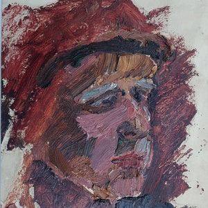 Retrato. Pintura al óleo antigua original del realismo socialista. Arte soviético. Artista ucraniano Gribok D.K. 22-19 cm. Óleo sobre cartón. Años 70.
