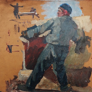 Boceto Pintura al óleo antigua original del realismo socialista Arte soviético Artista ucraniano Gribok D.K. 44-54 cm Óleo sobre cartón Años 70