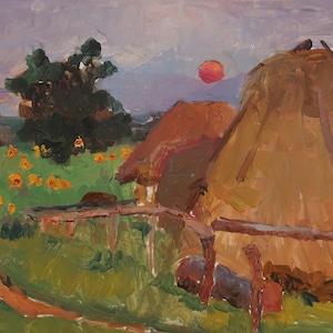 Paisaje. Pintura original del artista ucraniano Yakovenko E. 24-34 cm, óleo sobre cartón, año 1962