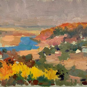 Estudio. Día soleado de otoño sobre el río. Pintura original del artista ucraniano Pirogov V. 19-26 cm, óleo sobre cartón.