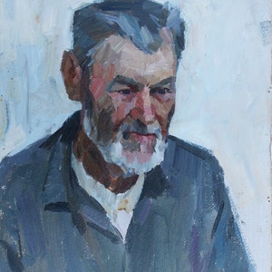 Retrato de un hombre. Pintura al óleo antigua original del socialismo Arte soviético Artista ucraniano Kakalo A.V. 49-40 cm cartón óleo 1973