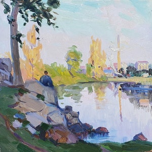 Landscape. Oil painting original socialist realism Ukrainian artist Gantman M. 23-23cm oil on cardboard 1970s