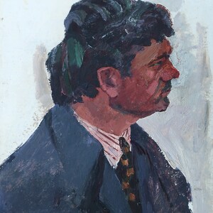 Retrato de un hombre Pintura al óleo antigua original del realismo socialista Arte soviético Artista ucraniano Gribok D.K. 48-34 cm óleo sobre cartón Años 70