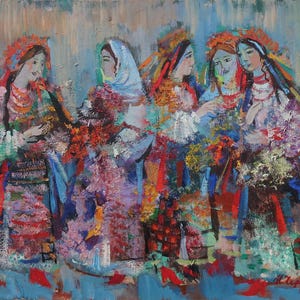 Célébration. Peinture originale de l'artiste ukrainienne Chernova N. 29-39 cm, huile sur toile sur carton, année 2001