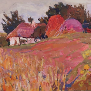 Soleil du soir. Artiste ukrainien Chernov L. 39-48 cm, huile sur carton, année 1968