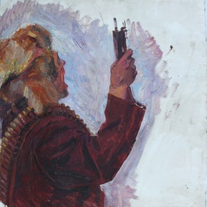 Retrato. Pintura al óleo antigua original del realismo socialista. Arte soviético. Artista ucraniano Gribok D.K. 87-80 cm. Óleo sobre cartón. Años 80.
