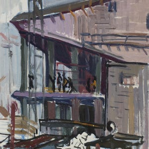 Construcción de un circo. Pintura original de la artista ucraniana Zakharova, 32-22 cm de largo, óleo sobre cartón, década de 1970.