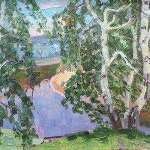 Paisaje fluvial. Pintura al óleo original del realismo socialista de la artista ucraniana Sirovatka D. 36-42 cm cartón óleo década de 1980
