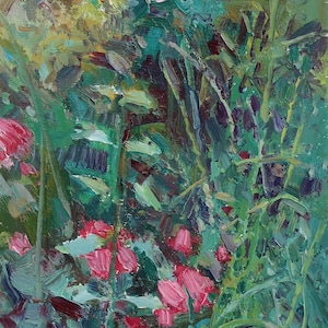Lirios. Pintura original del artista ucraniano Yalansky A. 49-20 cm, óleo sobre lienzo sobre cartón.