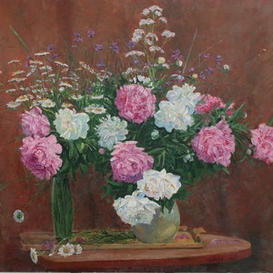 Naturaleza muerta con peonías. Pintura al óleo original del realismo socialista del artista ucraniano Gribok D.K. 86-104 cm óleo sobre cartón año 1996