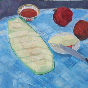Melón y granadas. Pintura al óleo antigua original del socialismo Arte soviético Artista ucraniano Gribok D.K. 50-70 cm cartón óleo 1962