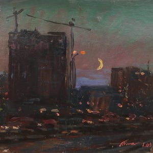 Paisaje. Pintura original del artista ucraniano Polyakov S. 13-17 cm, óleo sobre cartón, año 2005