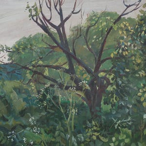 Paisaje. Pintura original de la artista ucraniana Zakharova, 44-48 cm de largo, óleo sobre cartón, década de 1970.