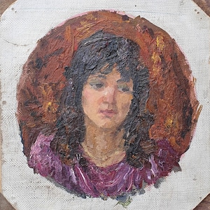 Portrait d'une jeune fille. Peinture à l'huile originale de l'artiste ukrainienne Repka S. 24-24 cm, huile sur carton des années 1980
