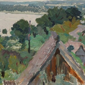 Paisaje. Pintura original del artista ucraniano Slipchenko N. 12-17 cm, óleo sobre cartón, año 1961