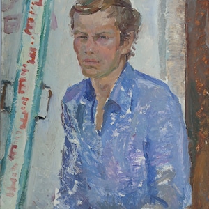 Retrato de un hombre. Pintura al óleo antigua original del realismo socialista Arte soviético Artista ucraniano Zykunov P. 53-46 cm Óleo sobre cartón Años 70