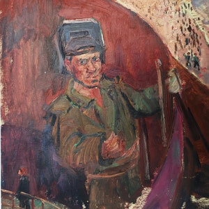 Retrato de un trabajador. Pintura al óleo antigua original del socialismo Arte soviético Artista ucraniano Gribok D.K. 54-46 cm Óleo sobre cartón Años 70