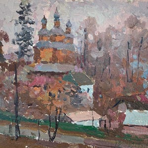Paisaje. Pintura original del artista ucraniano Pirogov V. 18-22 cm, óleo sobre cartón, 1989